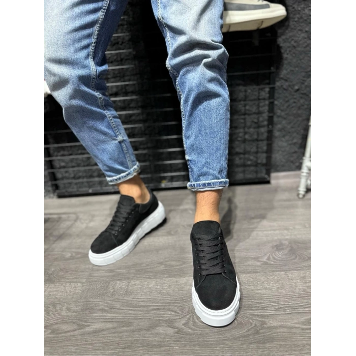 Yüksek Taban Günlük Süet Ayakkabı   Siyah (Beyaz Taban)