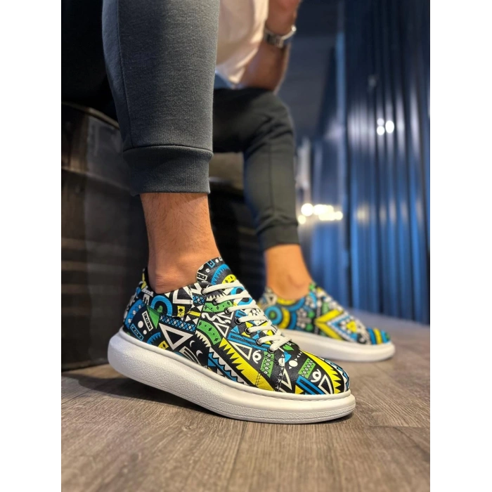 Yüksek Taban Renkli Baskılı Günlük Ayakkabı  Sarı (Beyaz Taban)