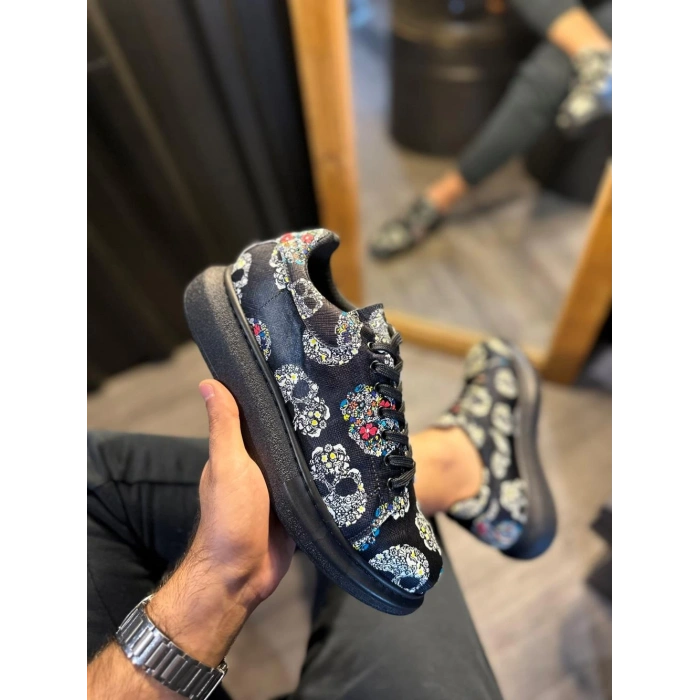 Yüksek Taban Renkli Baskılı Günlük Ayakkabı  Siyah Kurukafa