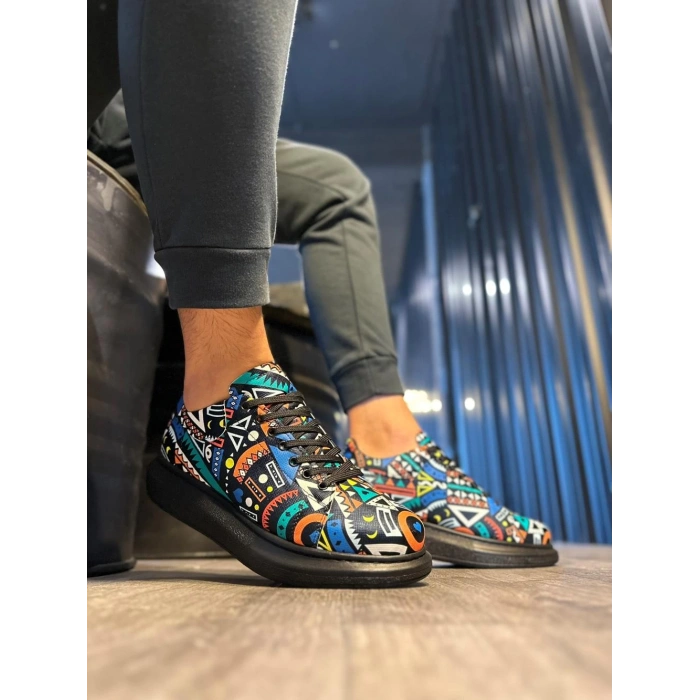 Yüksek Taban Renkli Baskılı Günlük Ayakkabı  Siyah (Siyah Taban)