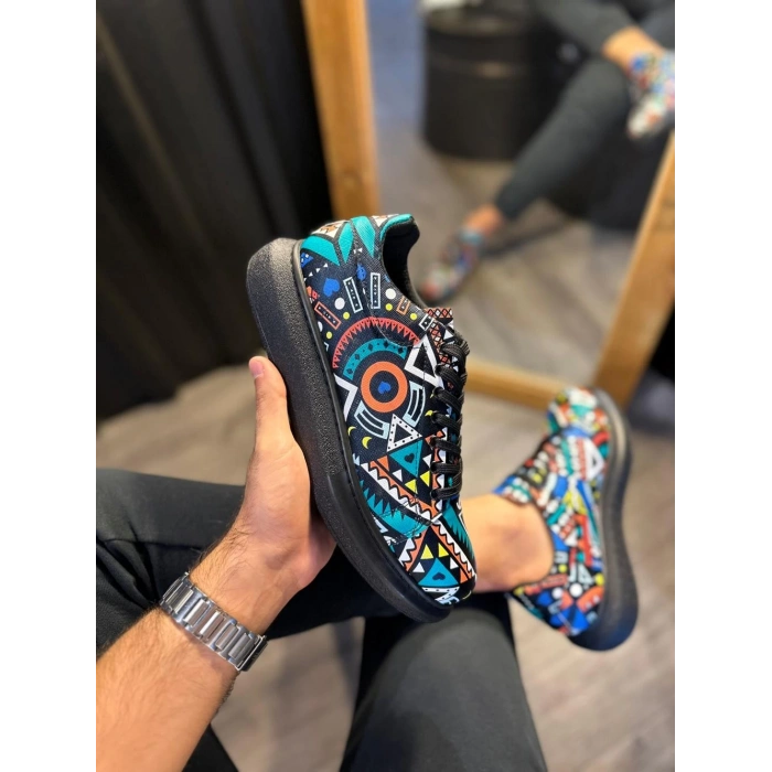 Yüksek Taban Renkli Baskılı Günlük Ayakkabı  Siyah (Siyah Taban)