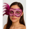 Fuşya Renk Yandan Tüylü Pul Payet İşlemeli Parti Maskesi 23x12 cm