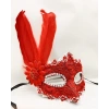 Kırmızı Renk Tüylü Dantelli Gözleri Taşlı B Parti Maskesi