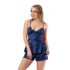 Lacivert Saten Babydoll Şortlu Takım