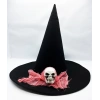 Siyah Renk Pembe Duvaklı Kuru Kafa Temalı Cadı Şapkası 35x38 cm