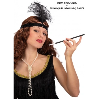 1920&#39;ler Gatsby Aksesuar Seti – Siyah Charleston Saç Bandı & Sigaralık