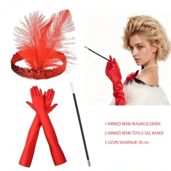 1920’ler Tarzı Kırmızı Tüylü Saç Bandı, Kırmızı Rugan Eldiven ve Sigaralık Seti