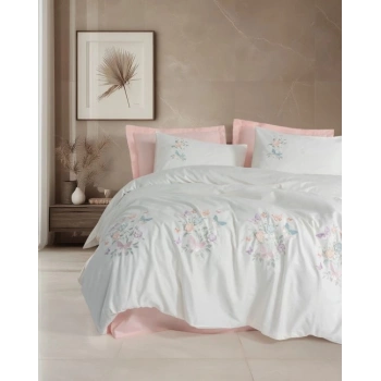 3D Nakışlı Çift Kişilik Saten Nev Takımı Liva Pudra