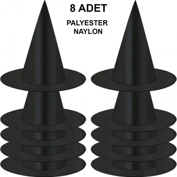 8 Adet Siyah Cadı Şapkası – Yetişkin & Çocuk Kostüm Aksesuarı