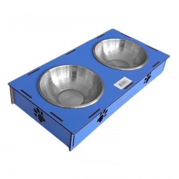 Ahşap Sehpalı İkili Devrilmez Kedi Köpek Su Ve  Kabı 34 cm - 300 ml Mavi