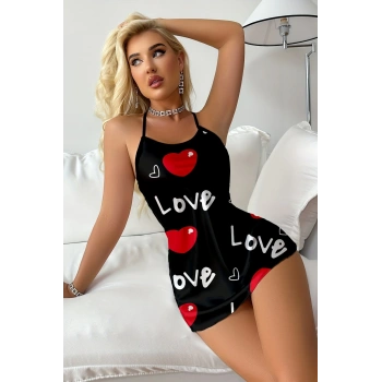 Ask Temalı Kalp Desenli  Saten