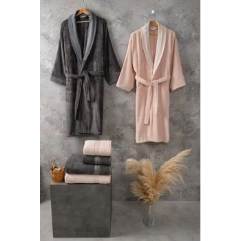 Bambu Bornoz Seti Flame Gris Peach