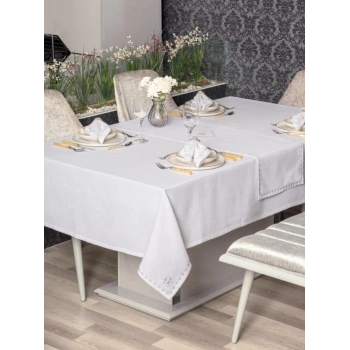 Beyaz 8 Parça Keten Masa Örtüsü
