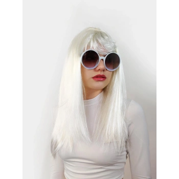 Beyaz Renk Uzun Düz Parti Peruğu