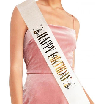 Beyaz Üzeri Altın Büyük Happy Birthday Yazılı Simli Işıltılı Kuşak Kemer 10 cm Genişlik