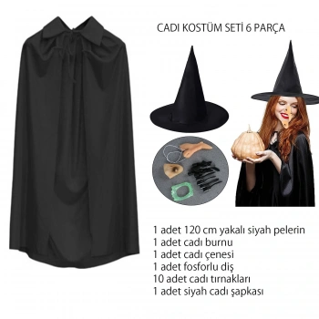 Cadı Kostüm Seti 6 Parça - Şapka Pelerin Diş Tırnaklar Çene ve B