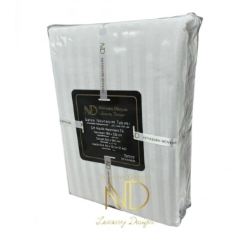 Çift Kişilik Çizgili Saten Nev Takımı Beyaz