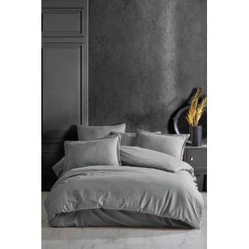 Çizgili Saten Nev Takımı Çift Kişilik Gri