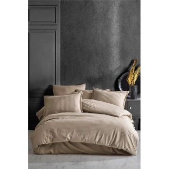 Çizgili Tek Kişilik Saten Nev Takımı Açık Kahve