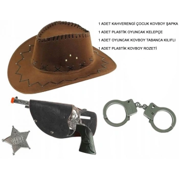 Çocuk Boy Kahverengi Kovboy Şapka Tabanca Rozet ve Kelepçe Seti 4 Parça