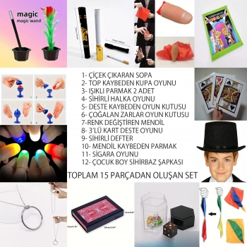 Çocuklar İçin 15 Parça Sihirbazlık ve İllüzyon Seti – Başlangıç Gösteri Kutusu