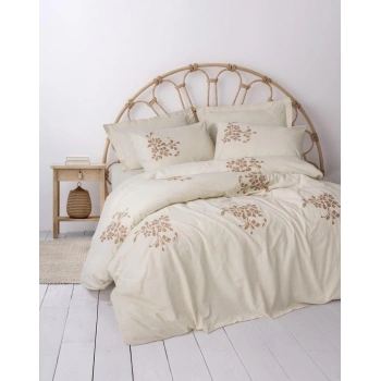 Cotton Keten Çift Kişilik Nev Takımı Kaneli