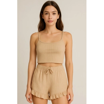 Crop Takım - Askılı Crop Takım Likralı Bej (XL)