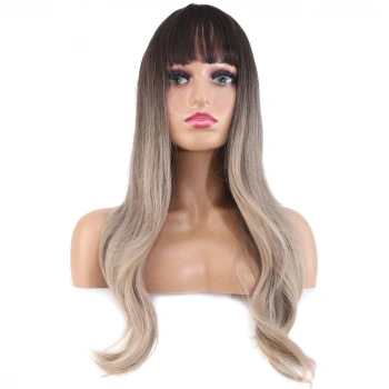 Doğal Dalgalı Perçemli Fiber Sentetik Uzun Boy Peruk / Koyu Kumral / Rus Kumralı Ombreli