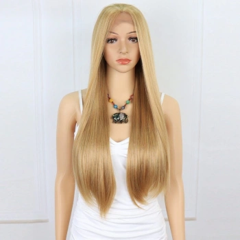 Düz Fiber Sentetik Tül Peruk / Karamel / Platin Röfleli