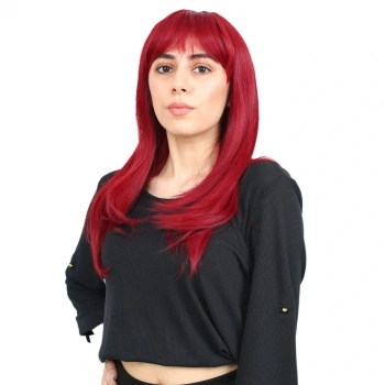 Düz Perçemli Orta Boy Fiber Sentetik Peruk / Kızıl