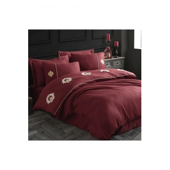 Elegant Nakışlı Pamuk Saten Çift Kişilik Nev Takımı Olimpos Bordo