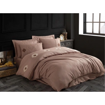 Elegant Nakışlı Pamuk Saten Çift Kişilik Nev Takımı Olimpos Kahve