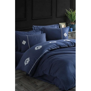 Elegant Nakışlı Pamuk Saten Çift Kişilik Nev Takımı Olimpos Lacivert