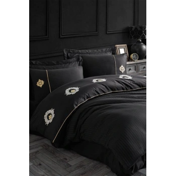 Elegant Nakışlı Pamuk Saten Çift Kişilik Nev Takımı Olimpos Siyah