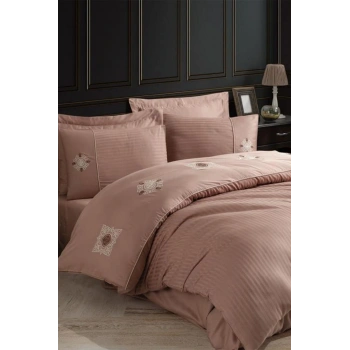 Elegant Nakışlı Pamuk Saten Çift Kişilik Nev Takımı Zeugma Kahve