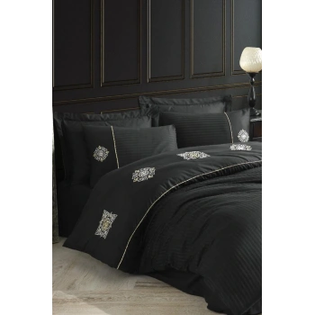 Elegant Nakışlı Pamuk Saten Çift Kişilik Nev Takımı Zeugma Siyah