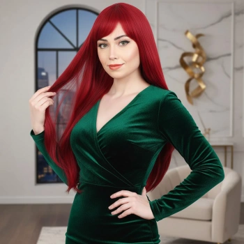 Fiber Sentetik Uzun Düz Kahküllü Peruk / Kızıl