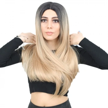 Fiber Sentetik Uzun Düz Peruk / Siyah / Balköpüğü Ombreli