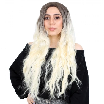 Fiber Sentetik Uzun Su Dalgası Peruk / Kahve / Platin Ombreli