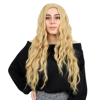 Fiber Sentetik Uzun Su Dalgası Peruk / Sarı