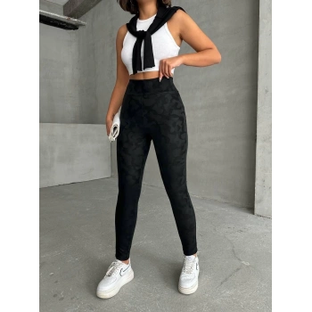 Gizli yan fermuarlı bulut desenli tayt siyah h248638