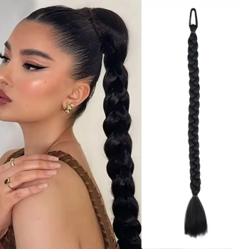 İkili Örgü Lastik Tokalı At Kuyruğu / Siyah