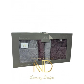 Jakarlı Bornoz Seti Mürdüm Gri