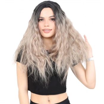 Kabarık Dalgalı Uzun Fiber Sentetik Peruk / Siyah / Küllü Bebek Sarı  Ombreli