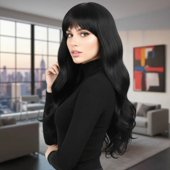 Kahküllü Uzun Dalgalı Fiber Sentetik Peruk / Siyah