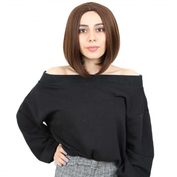 Kahkülsüz Düz Kısa Fiber Sentetik Peruk / Kahve Karamel