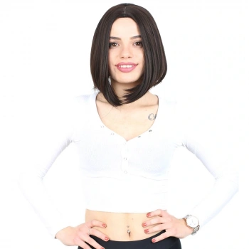 Kahkülsüz Düz Kısa Fiber Sentetik Peruk / Kahverengi