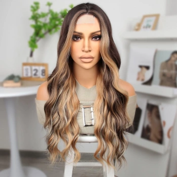 Kahverengi Platin ve Balköpüğü Işıltılı Dalgalı Tül Peruk