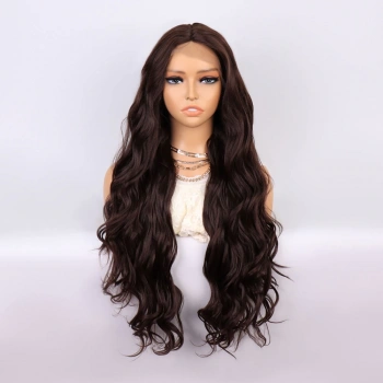 Kahverengi Uzun Dalgalı  Fiber Sentetik Tül Peruk