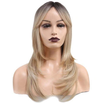 Katlı Kesim Perçemli Düz Fiber Sentetik Orta Boy Peruk / Kahve / Platin Ombre ve Röfleli